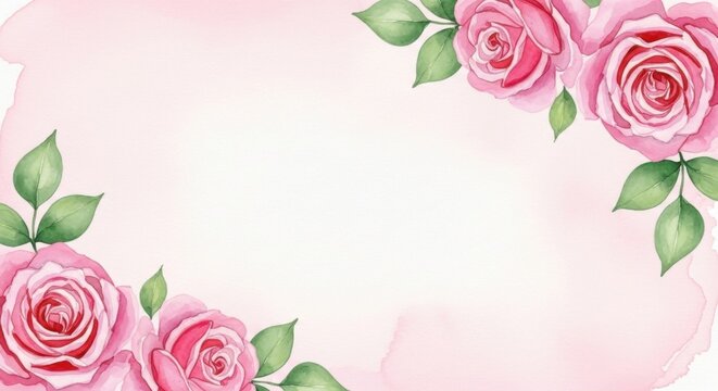 Watercolor pink roses corner frame border on soft pale pink watercolor wash background