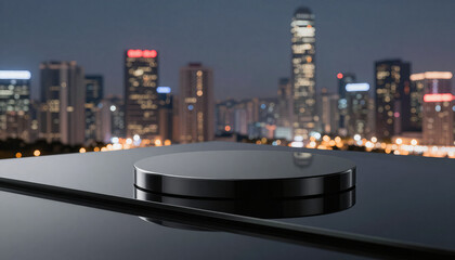 Illuminated Cityscape Backdrop With Product Display Platform At Night