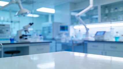 Blurred background of a modern scientific laboratory interior with research equipment and ample workspace