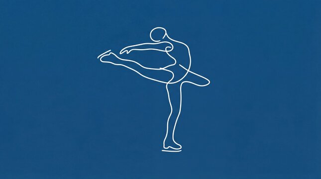 Elegant Figure Skater Line Art on Blue Background.