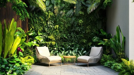 Cozy outdoor patio with chairs surrounded by lush greenery during a sunny day