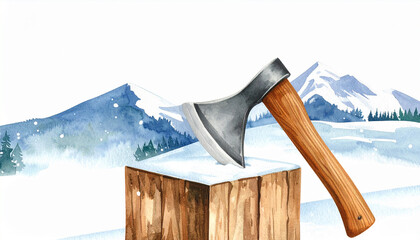 Watercolor painting of an axe on a wood block with snowy mountains and trees image