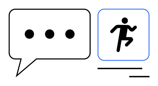 Communication, teamwork, decision-making, motivation, progress, fitness goals. Image features a speech bubble with three dots and a symbol of a running person. Communication and teamwork concept