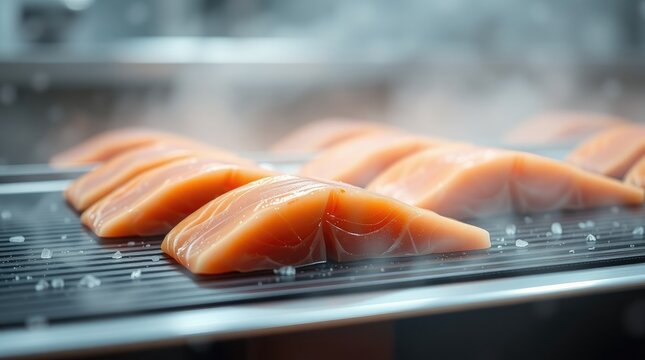 Raw salmon portions travel through an automated seafood factory line. Hygiene standards, technological advancement, scalability, and supply chain reliability.