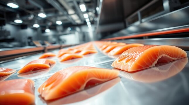 Fresh salmon slices move along a conveyor belt in a production facility. Efficiency, quality control, modern food processing, and industrial precision.