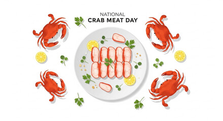 Obraz premium National Crab Meat Day Fresh Crab Meat Plate with Whole Crabs Lemon and Herbs Vector Illustration