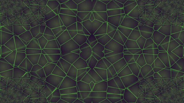 Complex geometric pattern with interconnected green lines on a dark background, viewed from directly above, showcasing intricate design and symmetry