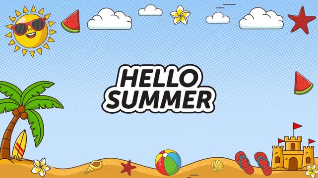 vector Retro halftone beach frame with vibrant colors and Hello Summer text.