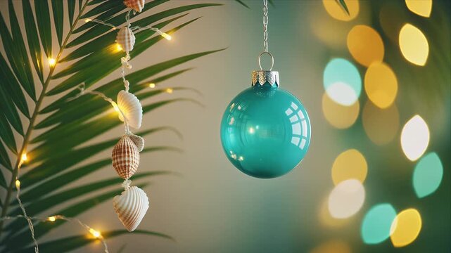 Vibrant teal Christmas ornament hanging beside seashell garland on palm leaves with warm fairy lights
