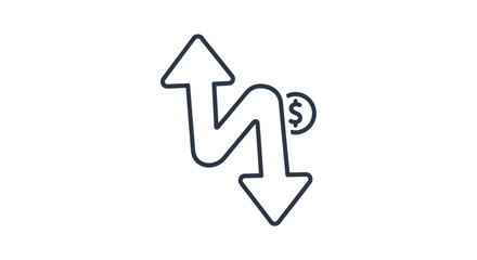 A line graph with an S-curve, showing an upward and downward arrow, with a dollar sign indicating financial fluctuation or market volatility.