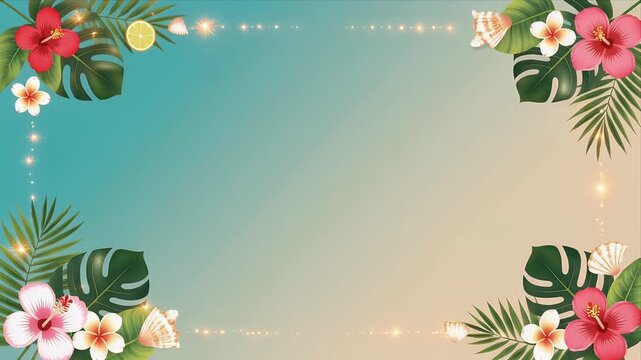 Tropical leaf and flower border on gradient background for summer designs