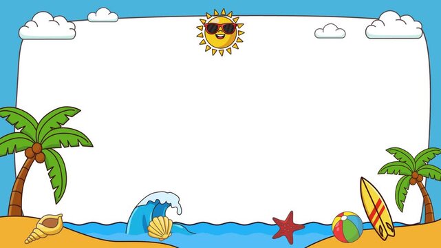 Blank white copy space vector frame with animated ocean waves and surfing elements.