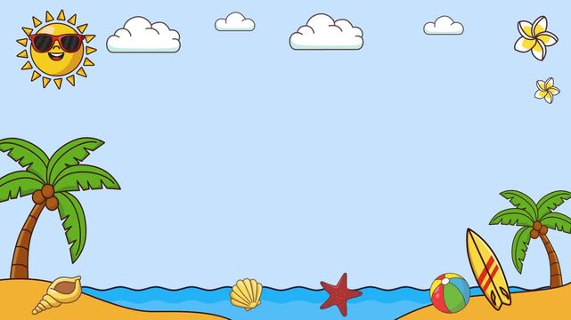 Clean minimalist vector beach border with blue sky, flowers, and palm trees.