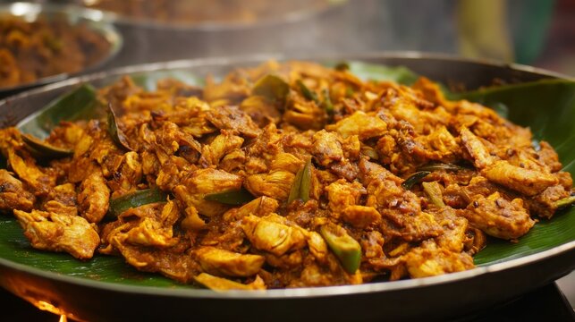 Enjoying spicy Sri Lankan chicken kottu roti on a banana leaf at a street food stall in the evening market