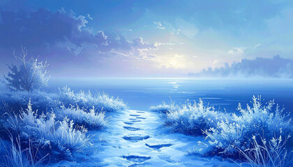 Winter landscape with frosted grass and a path to a serene frozen lake image photo