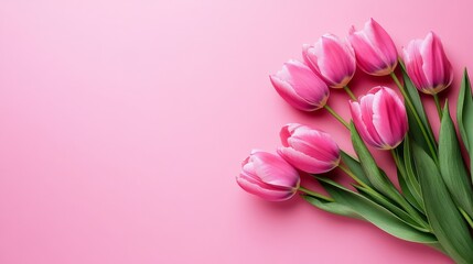 Obraz premium Spring tulip flowers arranged on a pink background for Women's Day or Mother's Day greeting in flat lay style