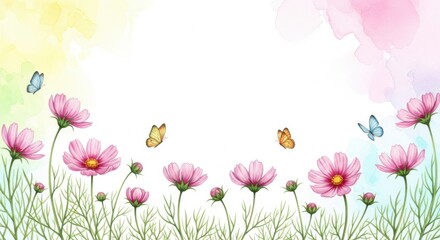 Watercolor border of pink cosmos flowers and butterflies with soft pastel background for spring or summer greeting card design