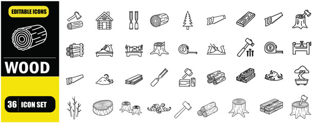 Woods and Forest Outline Icon Set, Trees, Nature, Timber, Logging, Environment, Wildlife, Linear Editable Stroke Vector Illustration © Hanzala's vectors 