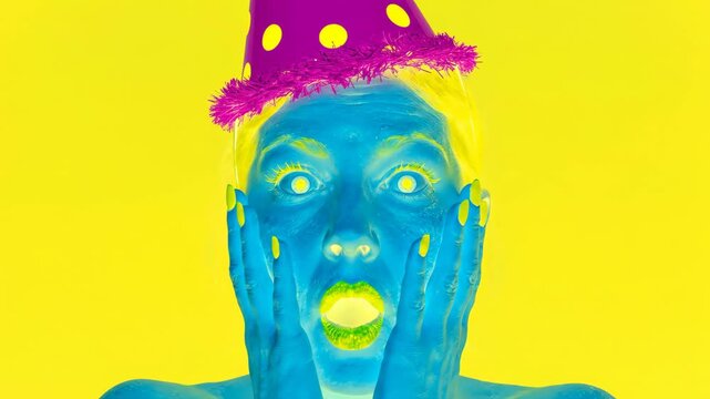 Close up of a surprised woman face in party hat with negative color inversion effect. The clip features a psychedelic inverted aesthetic with cyan skin, magenta hat, and yellow background
