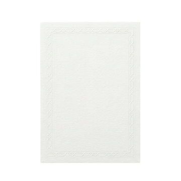 A clean white paper sheet features an embossed geometric border