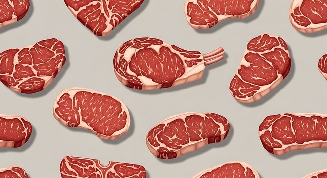 Various cuts of raw beef steak are displayed in a repeating pattern on a neutral background