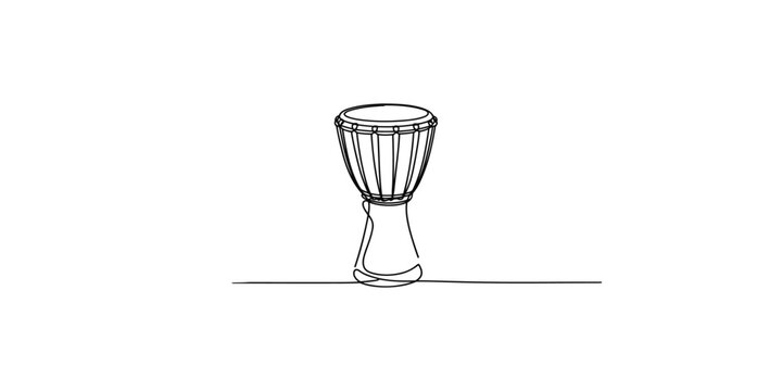 A simple line art illustration of a traditional goblet-shaped djembe drum standing on a horizontal line