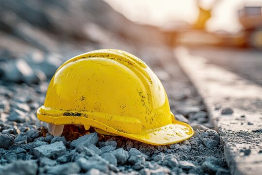 Bright yellow construction hard hat resting on rough ground at a work site with sunlight