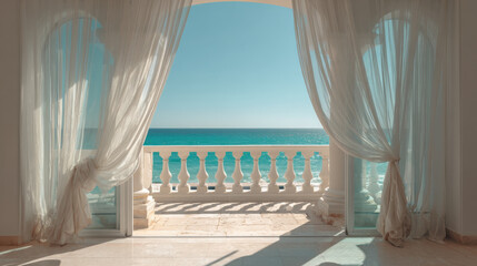 Fototapeta premium Minimal Mediterranean terrace with flowing white linen curtains framing a turquoise sea view, calm summer breeze moving sheer drapes in bright natural sunlight