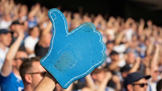 Fan holding blue thumbs up foam hand in stadium crowd at sports match
