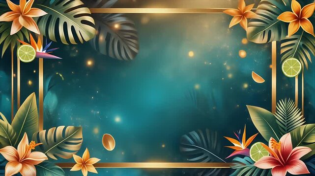 Tropical floral frame with gold accents and citrus on dark blue background