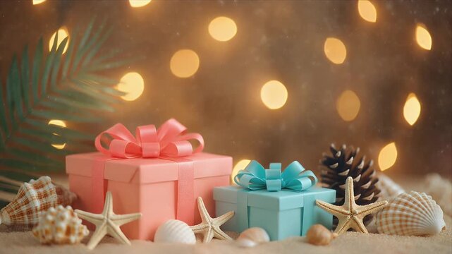 Colorful gifts on sandy beach with seashells and starfish