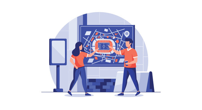 A young couple wearing matching orange shirts stands together while examining a large, detailed seating chart map of a sports stadium.