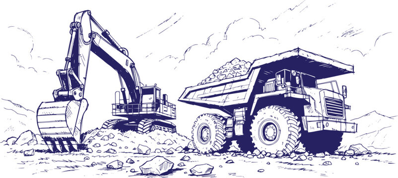 Mining Site Heavy Industry Vector Line Drawing with Excavator and Dump Truck, Open Pit Mining Operation Illustration, Industrial Construction Machinery Outline Art for Engineering, Infrastructure, Ene
