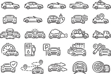 Car and Vehicle Line Icons Set: Automotive Services, Transport, Repair, and Travel Symbols Collection