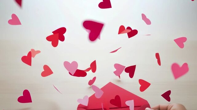 Hands opening red envelope with flying paper hearts on white background, romantic love message concept for Valentine celebration. Greeting card surprise, affection expression, emotional relationship t