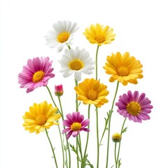 Colorful Assortment of Fresh Spring Flowers in Various Shapes and Sizes Against a White Background