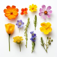 Vibrant Floral Arrangement of Mixed Wildflowers on Clean White Background for Nature and Craft Themes