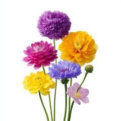 Colorful arrangement of spring flowers in various hues featuring purple, pink, yellow, and white blooms against a neutral background