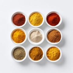 Colorful Array of Ground Spices in White Bowls Arranged on a White Background for Culinary Inspiration and Food Photography