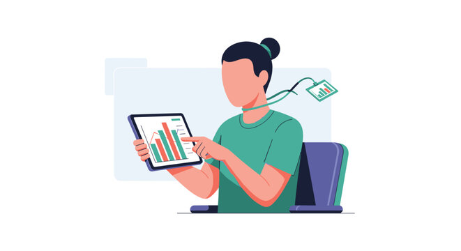 A vector illustration shows a person sitting at a desk and analyzing a colorful bar chart on a digital tablet, with an ID badge around their neck.