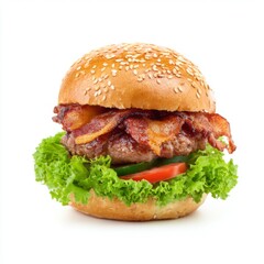 Juicy Beef Burger with Crispy Bacon, Fresh Lettuce, and Tomato on Sesame Seed Bun