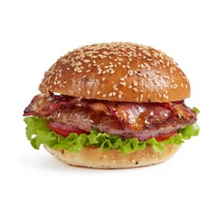 Mouthwatering Bacon Cheeseburger with Fresh Lettuce and Tomato on Sesame Seed Bun