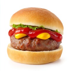 Juicy hamburger with ketchup and mustard served in a soft bun with fresh lettuce on a white background