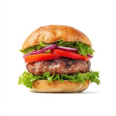 Freshly Made Hamburger with Juicy Patty, Crisp Lettuce, Tomatoes, and Onions on Soft Bun