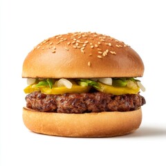 Juicy Hamburger with Fresh Vegetables and Sesame Seed Bun on White Background
