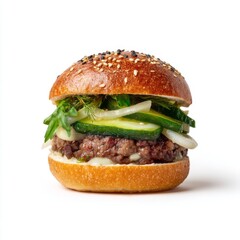 Gourmet hamburger with fresh vegetables, sesame seed bun, and juicy beef patty, presented on a clean white background