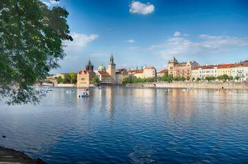 Obraz premium View over Vltava River with Prague cityscape in background