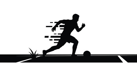 Obraz premium A dynamic black silhouette of a soccer player dribbling a ball at high speed across a field, illustrated with motion lines against a clean white background.