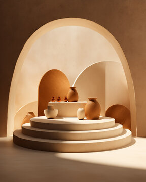 Minimalist 3D cylinder podium in soft Morandi clay texture for product display mockup