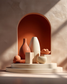 Minimalist 3D cylinder podium in soft Morandi clay texture for product display mockup